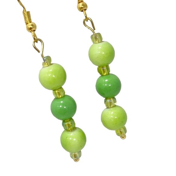 Murano Style Art Glass Bead Ball Earrings Lime Green Gold Plated Seed Beads - Picture 3 of 6